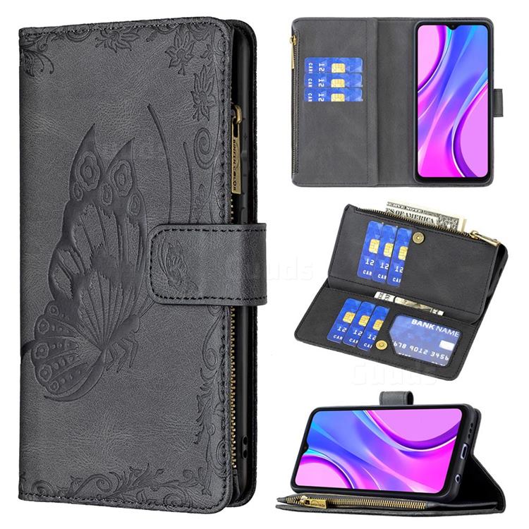 Binfen Color Imprint Vivid Butterfly Buckle Zipper Multi-function Leather Phone Wallet for Xiaomi Redmi 9 - Black