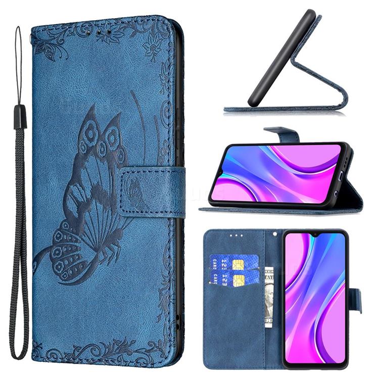Binfen Color Imprint Vivid Butterfly Leather Wallet Case for Xiaomi Redmi 9 - Blue