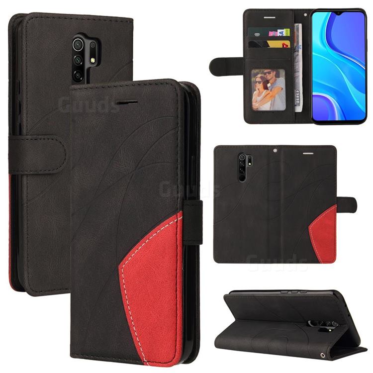 Luxury Two-color Stitching Leather Wallet Case Cover for Xiaomi Redmi 9 - Black