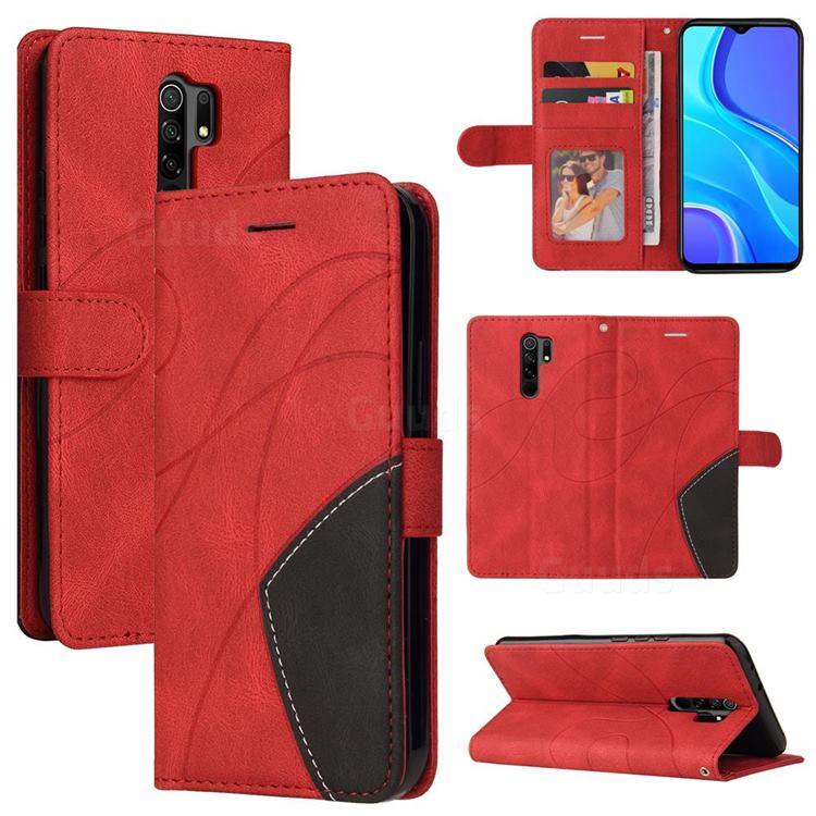 Luxury Two-color Stitching Leather Wallet Case Cover for Xiaomi Redmi 9 - Red