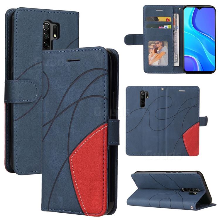 Luxury Two-color Stitching Leather Wallet Case Cover for Xiaomi Redmi 9 - Blue