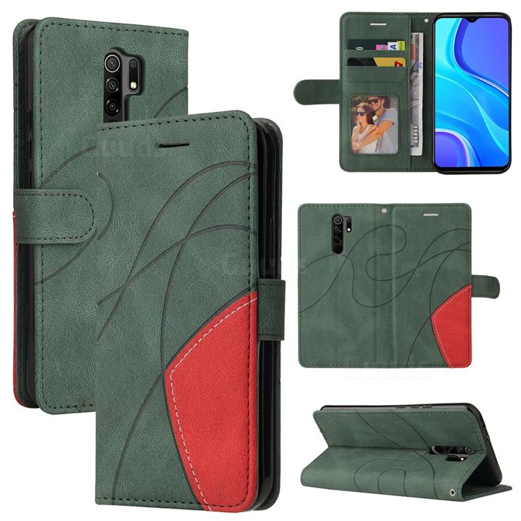 Luxury Two-color Stitching Leather Wallet Case Cover for Xiaomi Redmi 9 - Green