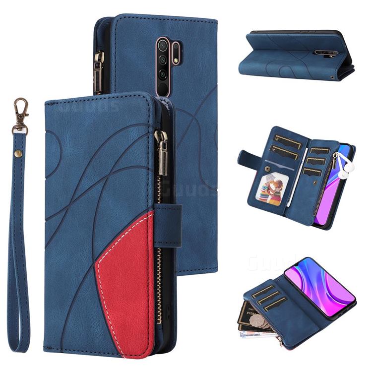 Luxury Two-color Stitching Multi-function Zipper Leather Wallet Case Cover for Xiaomi Redmi 9 - Blue
