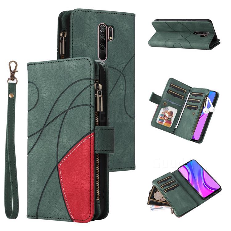 Luxury Two-color Stitching Multi-function Zipper Leather Wallet Case Cover for Xiaomi Redmi 9 - Green