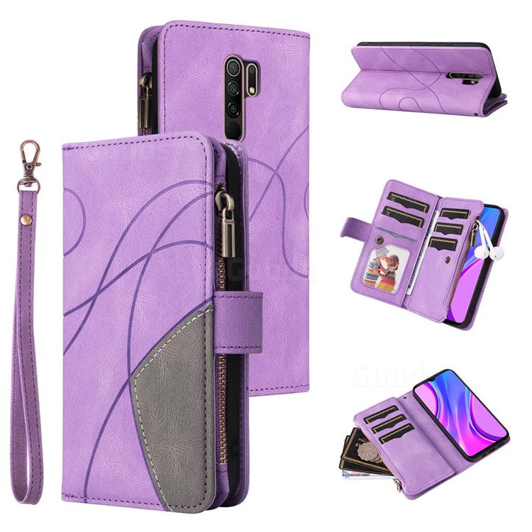 Luxury Two-color Stitching Multi-function Zipper Leather Wallet Case Cover for Xiaomi Redmi 9 - Purple