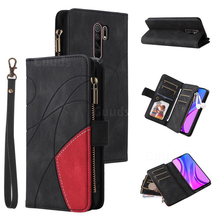 Luxury Two-color Stitching Multi-function Zipper Leather Wallet Case Cover for Xiaomi Redmi 9 - Black