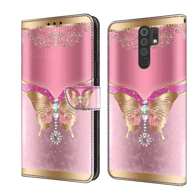Pink Diamond Butterfly Crystal PU Leather Protective Wallet Case Cover for Xiaomi Redmi 9