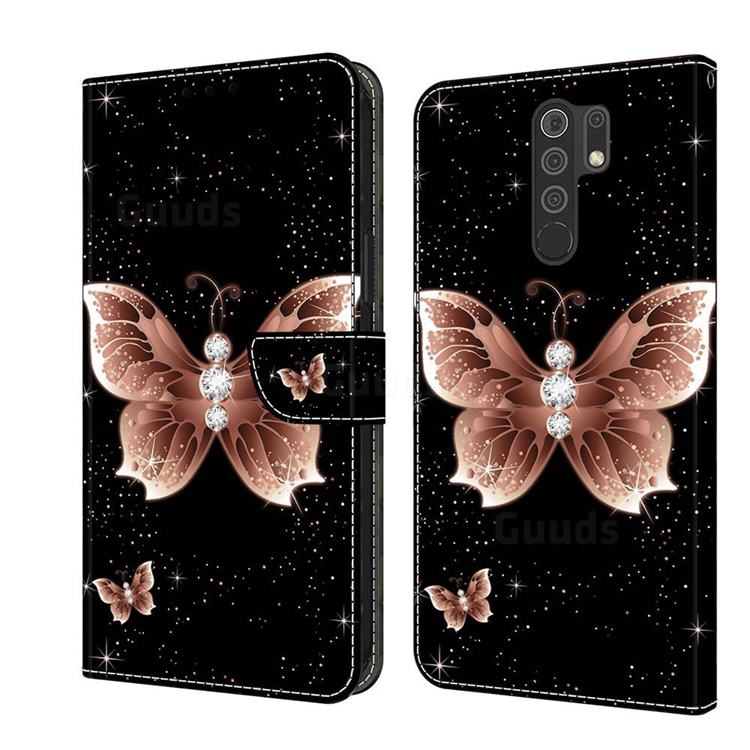 Black Diamond Butterfly Crystal PU Leather Protective Wallet Case Cover for Xiaomi Redmi 9