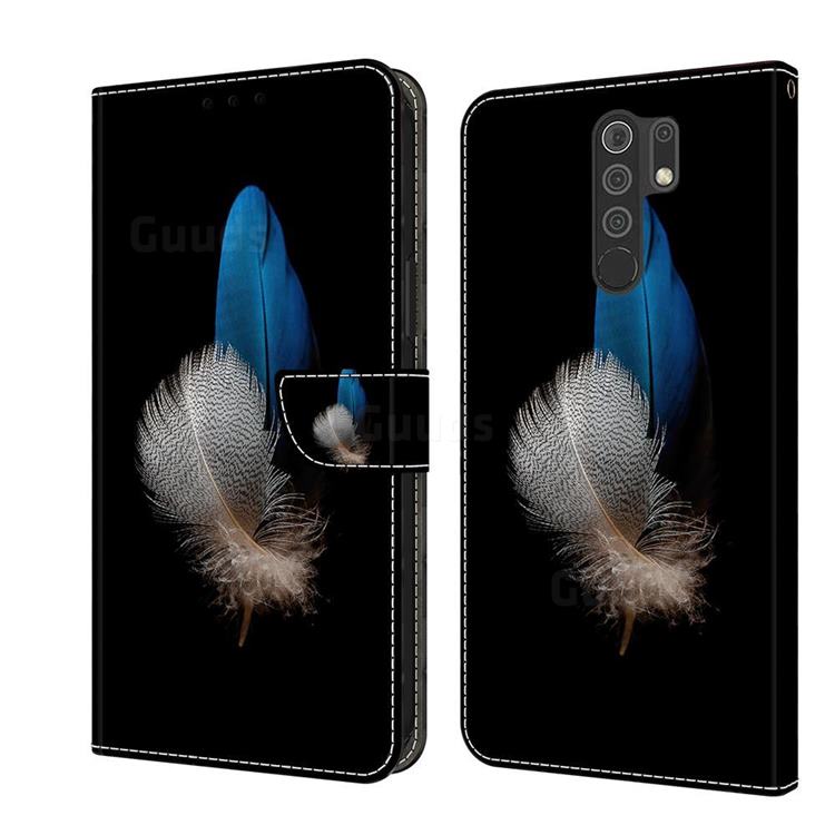 White Blue Feathers Crystal PU Leather Protective Wallet Case Cover for Xiaomi Redmi 9