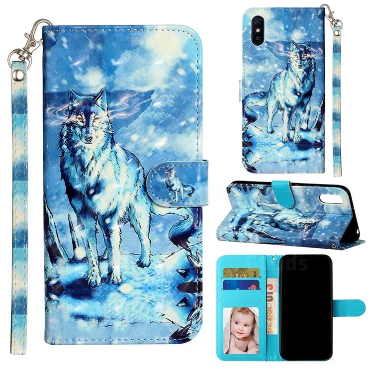 Snow Wolf 3D Leather Phone Holster Wallet Case for Xiaomi Redmi 9A
