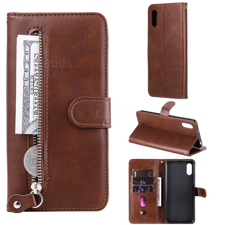 Retro Luxury Zipper Leather Phone Wallet Case for Xiaomi Redmi 9A - Brown
