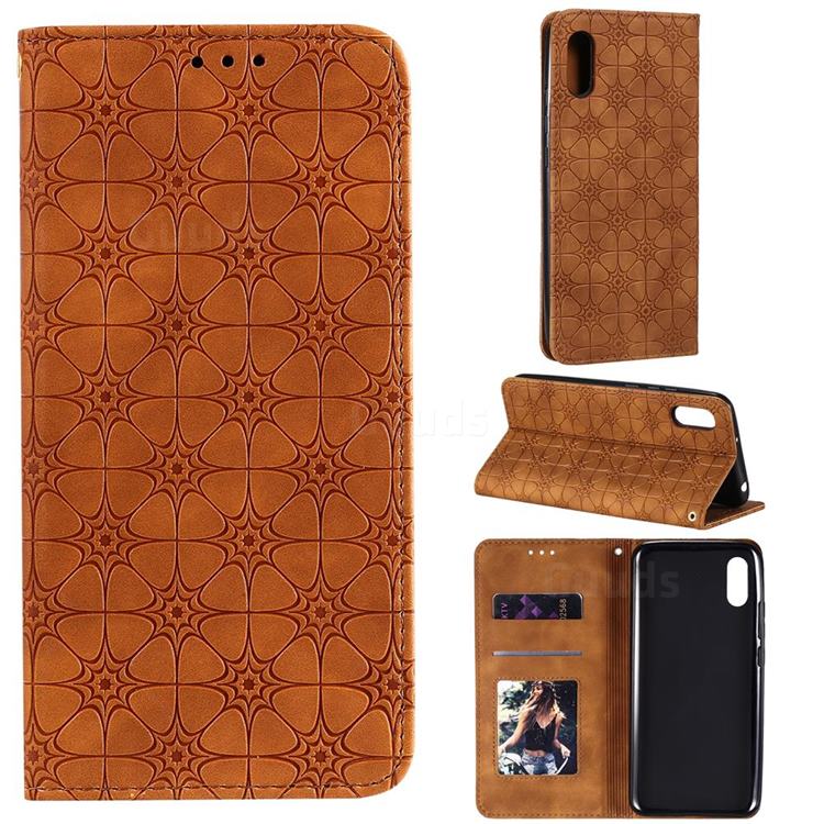 Intricate Embossing Four Leaf Clover Leather Wallet Case for Xiaomi Redmi 9A - Yellowish Brown