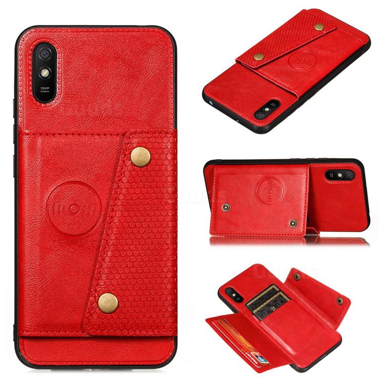 Retro Multifunction Card Slots Stand Leather Coated Phone Back Cover for Xiaomi Redmi 9A - Red