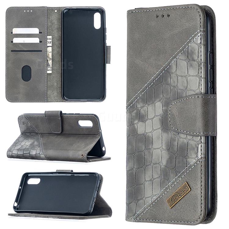 BinfenColor BF04 Color Block Stitching Crocodile Leather Case Cover for Xiaomi Redmi 9A - Gray