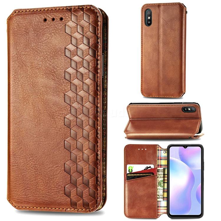 Ultra Slim Fashion Business Card Magnetic Automatic Suction Leather Flip Cover for Xiaomi Redmi 9A - Brown