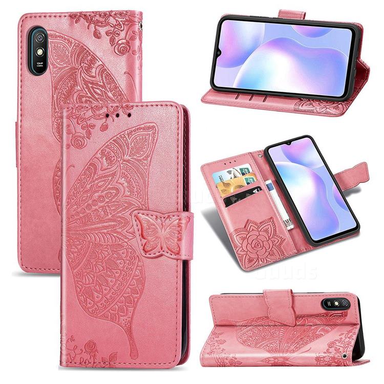 Embossing Mandala Flower Butterfly Leather Wallet Case for Xiaomi Redmi 9A - Pink