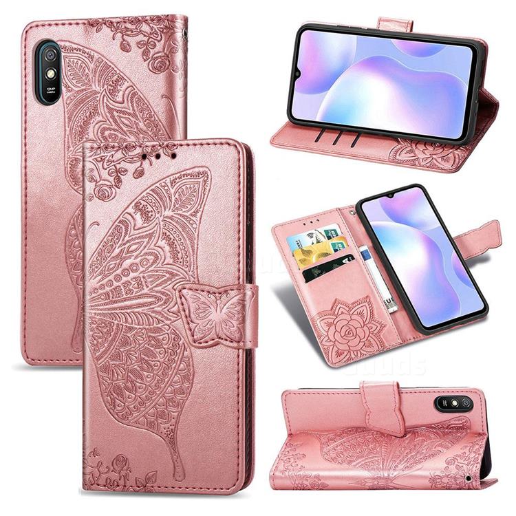Embossing Mandala Flower Butterfly Leather Wallet Case for Xiaomi Redmi 9A - Rose Gold