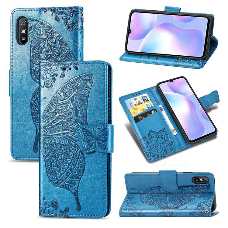 Embossing Mandala Flower Butterfly Leather Wallet Case for Xiaomi Redmi 9A - Blue