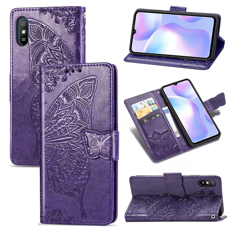 Embossing Mandala Flower Butterfly Leather Wallet Case for Xiaomi Redmi 9A - Dark Purple