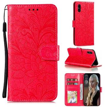 Intricate Embossing Lace Jasmine Flower Leather Wallet Case for Xiaomi Redmi 9A - Red
