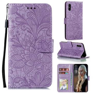 Intricate Embossing Lace Jasmine Flower Leather Wallet Case for Xiaomi Redmi 9A - Purple
