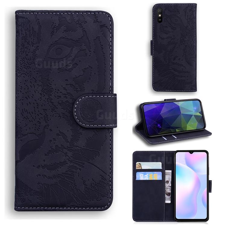 Intricate Embossing Tiger Face Leather Wallet Case for Xiaomi Redmi 9A - Black