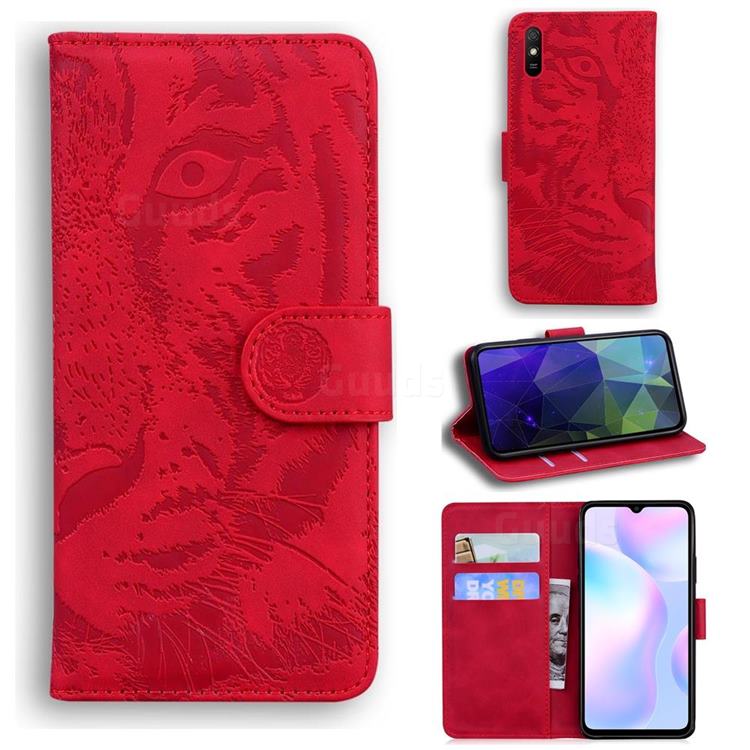 Intricate Embossing Tiger Face Leather Wallet Case for Xiaomi Redmi 9A - Red