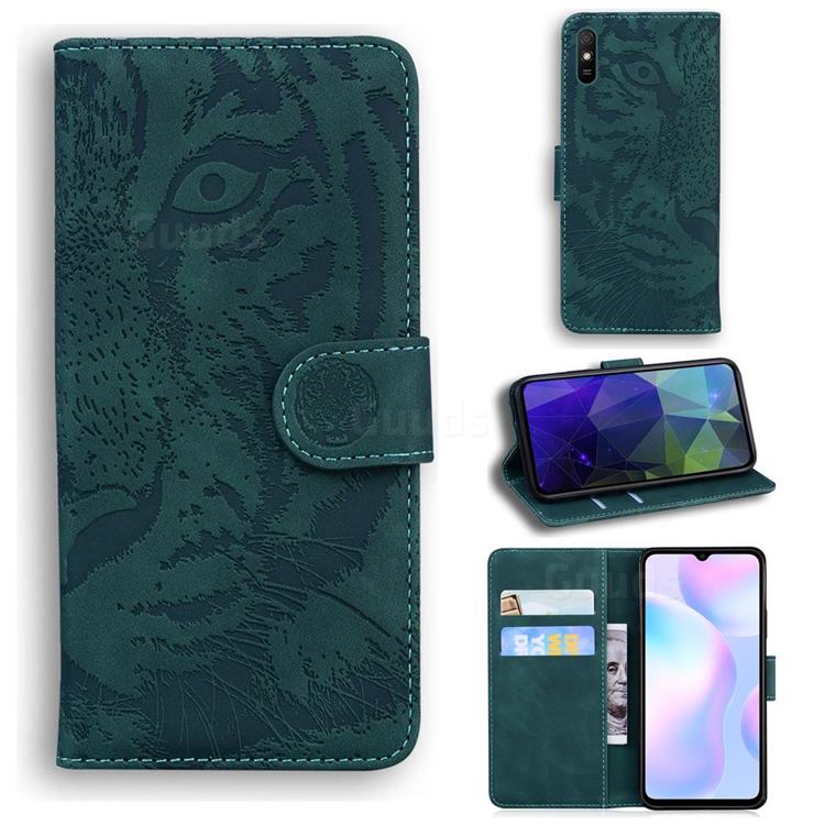 Intricate Embossing Tiger Face Leather Wallet Case for Xiaomi Redmi 9A - Green