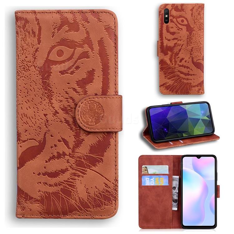 Intricate Embossing Tiger Face Leather Wallet Case for Xiaomi Redmi 9A - Brown