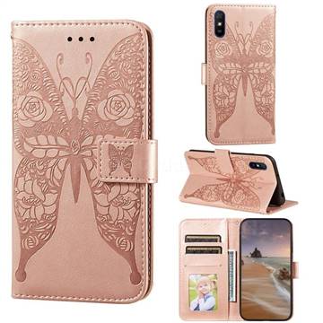 Intricate Embossing Rose Flower Butterfly Leather Wallet Case for Xiaomi Redmi 9A - Rose Gold