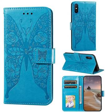 Intricate Embossing Rose Flower Butterfly Leather Wallet Case for Xiaomi Redmi 9A - Blue