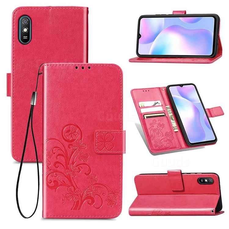 Embossing Imprint Four-Leaf Clover Leather Wallet Case for Xiaomi Redmi 9A - Rose Red