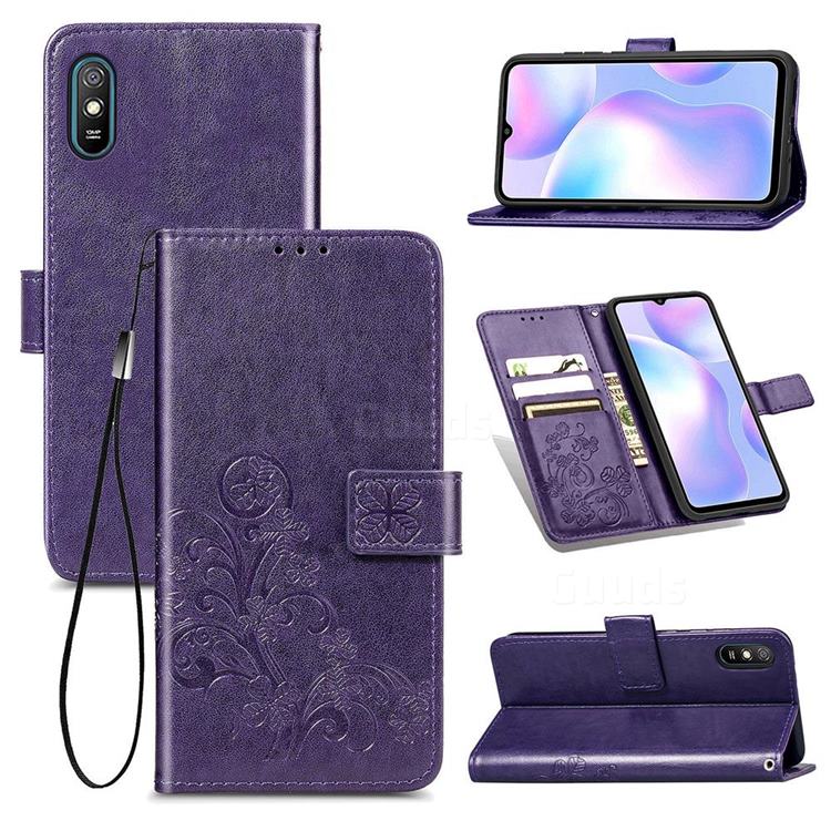 Embossing Imprint Four-Leaf Clover Leather Wallet Case for Xiaomi Redmi 9A - Purple