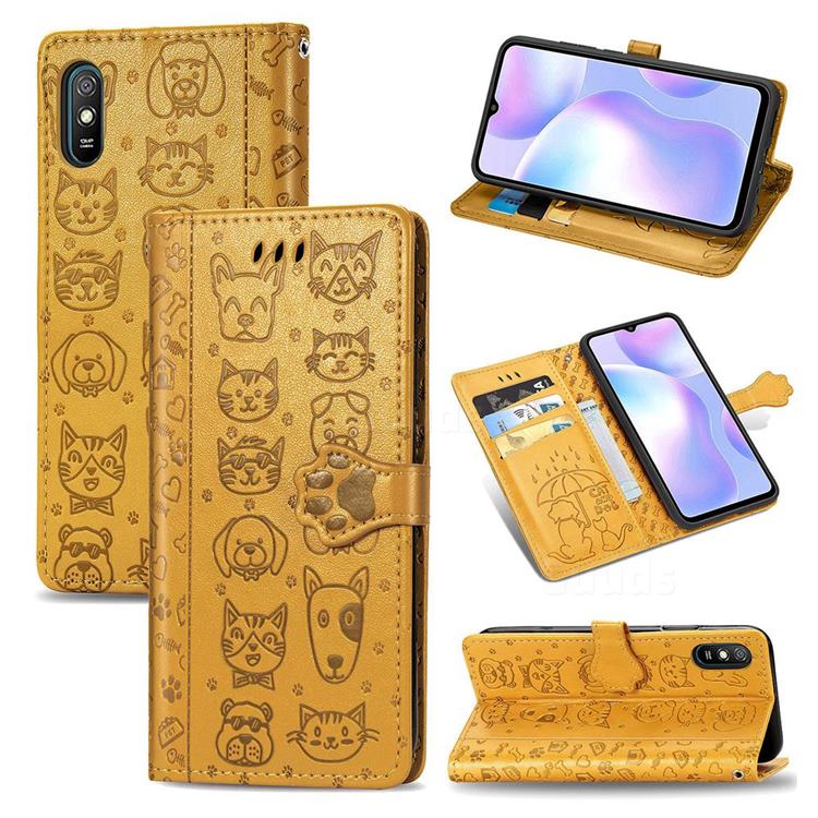 Embossing Dog Paw Kitten and Puppy Leather Wallet Case for Xiaomi Redmi 9A - Yellow