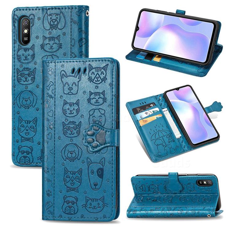 Embossing Dog Paw Kitten and Puppy Leather Wallet Case for Xiaomi Redmi 9A - Blue