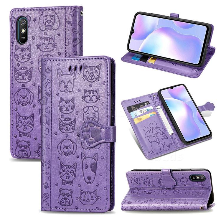 Embossing Dog Paw Kitten and Puppy Leather Wallet Case for Xiaomi Redmi 9A - Purple