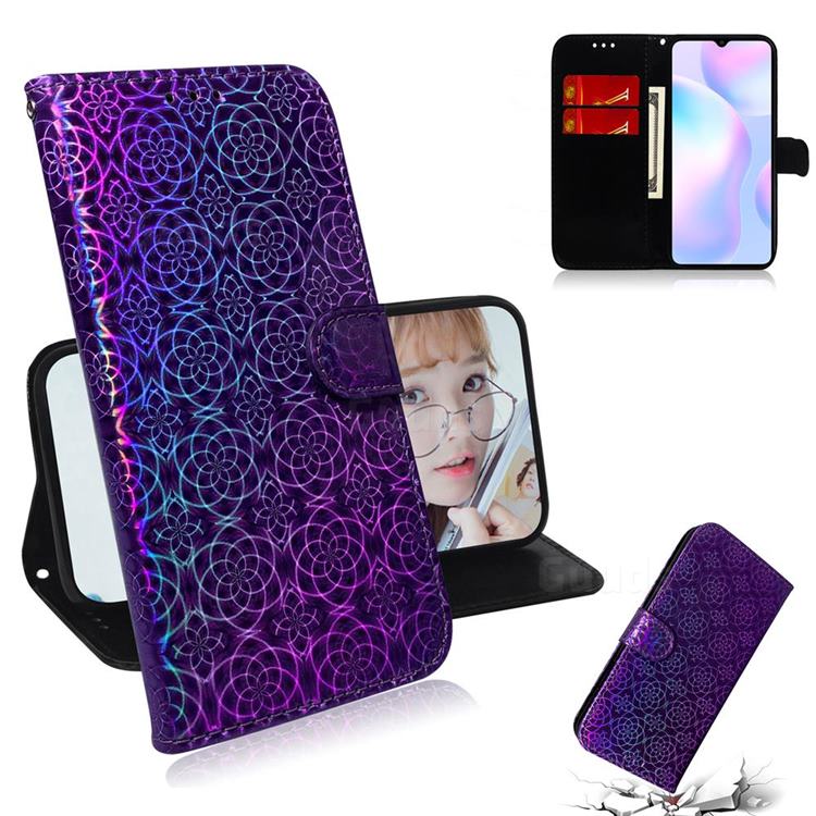 Laser Circle Shining Leather Wallet Phone Case for Xiaomi Redmi 9A - Purple