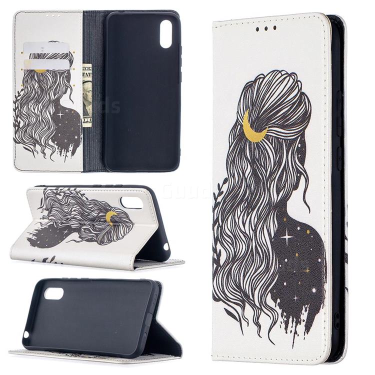 Girl with Long Hair Slim Magnetic Attraction Wallet Flip Cover for Xiaomi Redmi 9A
