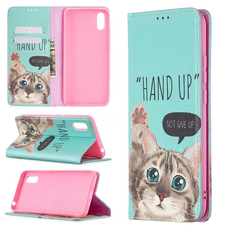 Hand Up Cat Slim Magnetic Attraction Wallet Flip Cover for Xiaomi Redmi 9A