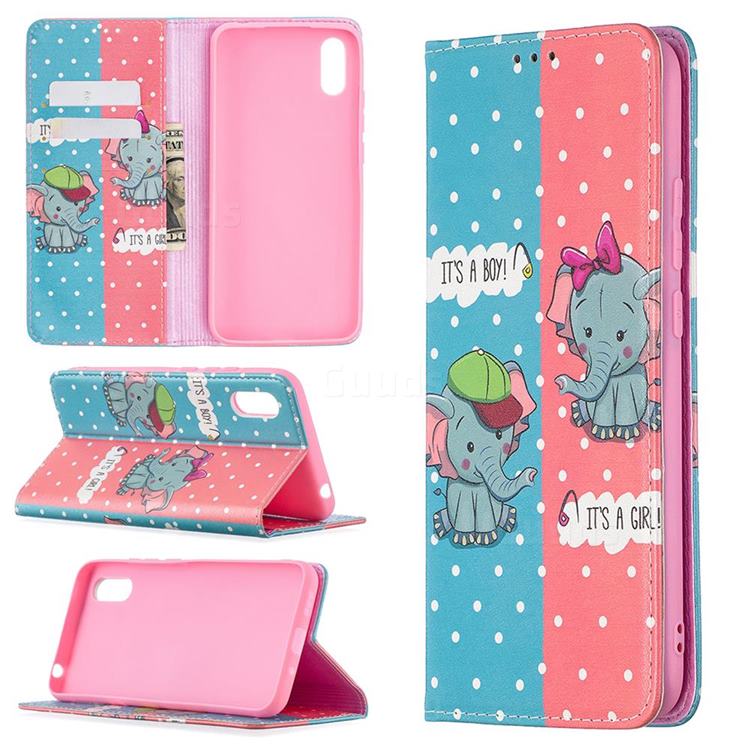 Elephant Boy and Girl Slim Magnetic Attraction Wallet Flip Cover for Xiaomi Redmi 9A