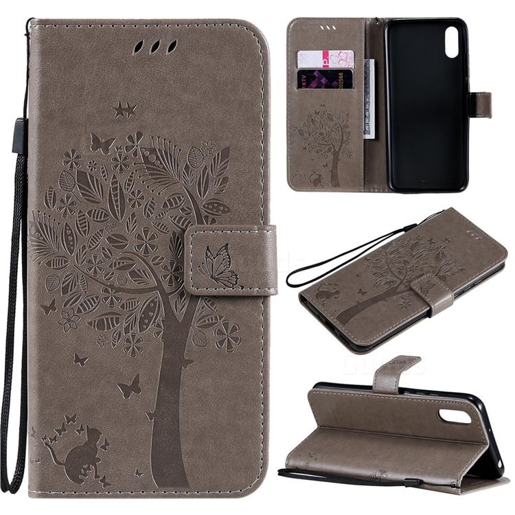 Embossing Butterfly Tree Leather Wallet Case for Xiaomi Redmi 9A - Grey