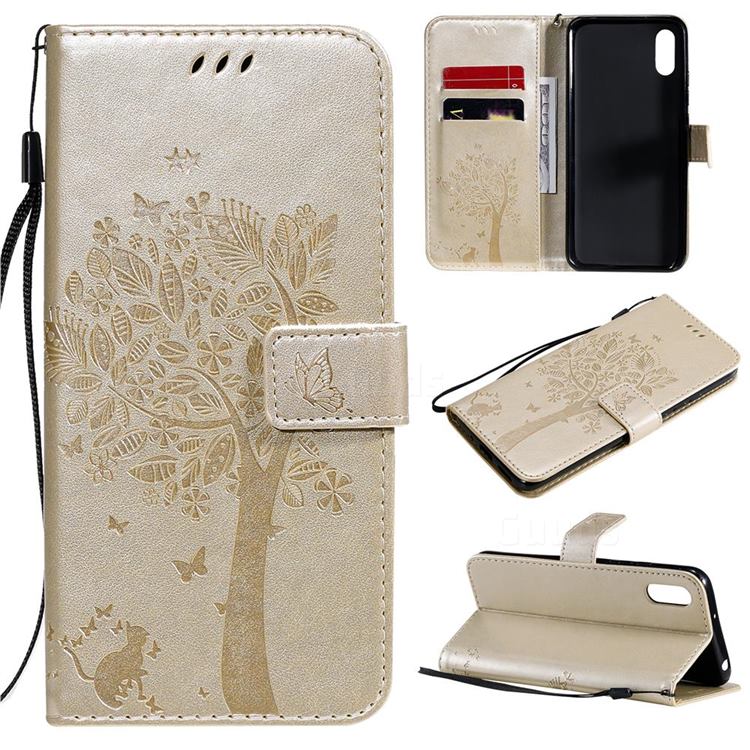 Embossing Butterfly Tree Leather Wallet Case for Xiaomi Redmi 9A - Champagne