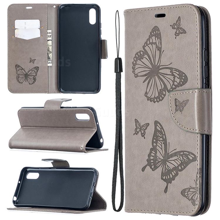 Embossing Double Butterfly Leather Wallet Case for Xiaomi Redmi 9A - Gray