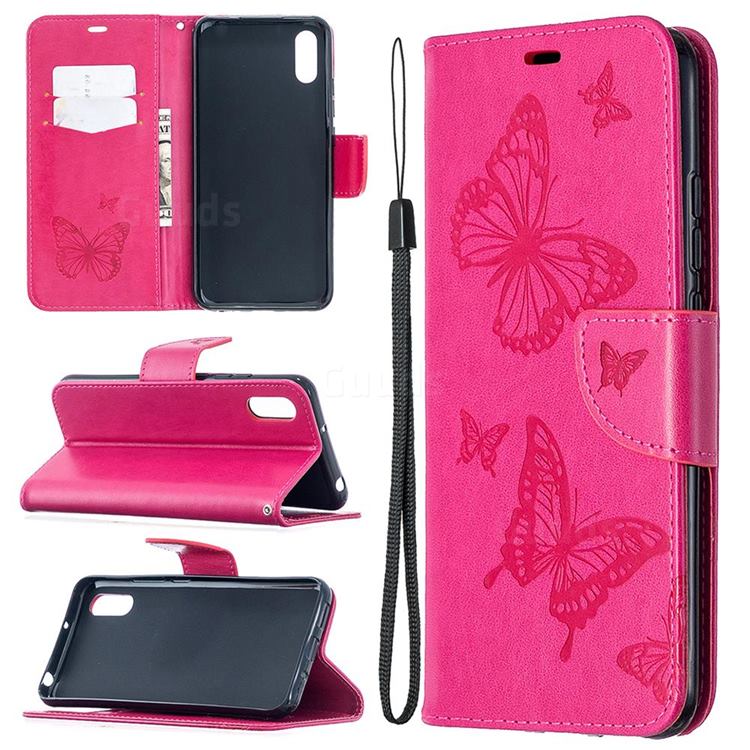 Embossing Double Butterfly Leather Wallet Case for Xiaomi Redmi 9A - Red