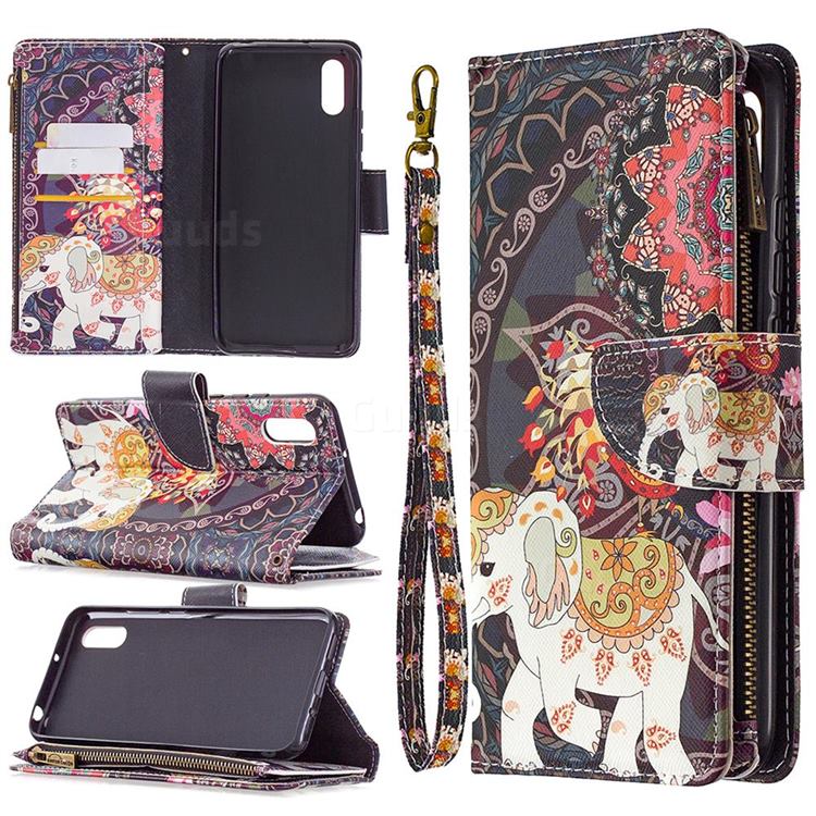 Totem Flower Elephant Binfen Color BF03 Retro Zipper Leather Wallet Phone Case for Xiaomi Redmi 9A