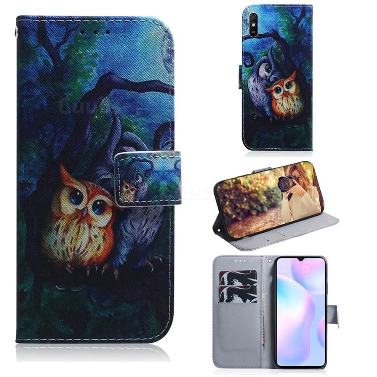 Oil Painting Owl PU Leather Wallet Case for Xiaomi Redmi 9A