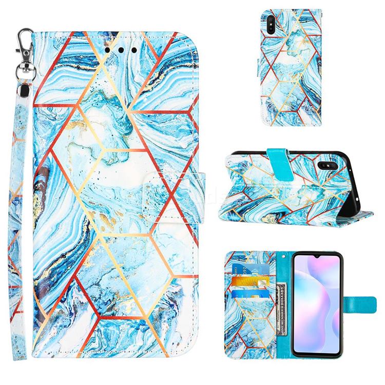 Lake Blue Stitching Color Marble Leather Wallet Case for Xiaomi Redmi 9A