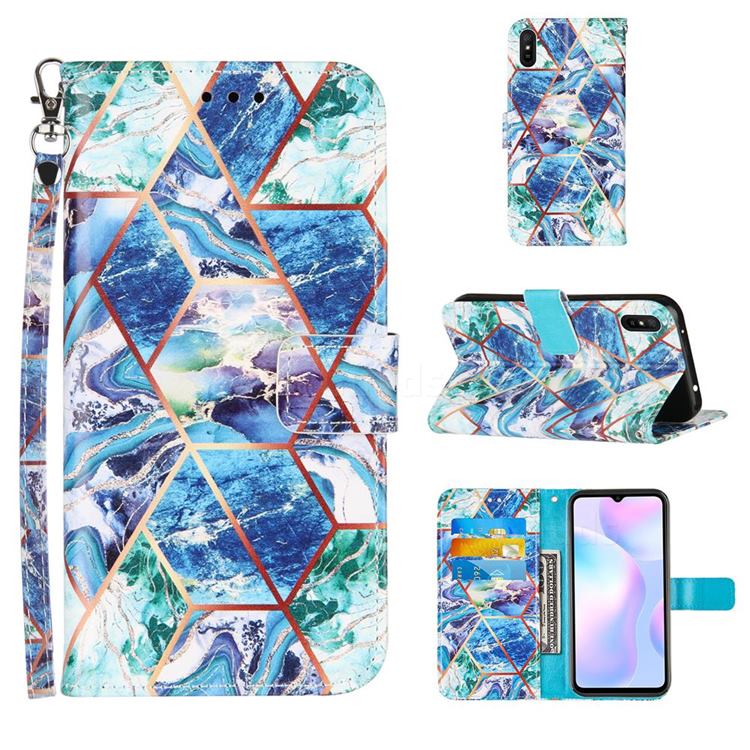 Green and Blue Stitching Color Marble Leather Wallet Case for Xiaomi Redmi 9A
