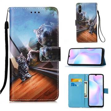 Mirror Cat Matte Leather Wallet Phone Case for Xiaomi Redmi 9A