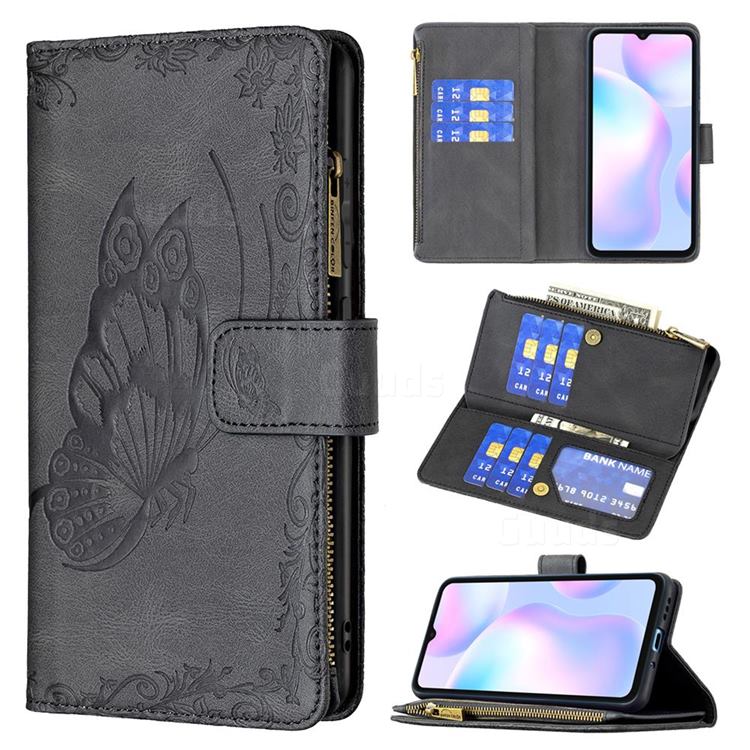 Binfen Color Imprint Vivid Butterfly Buckle Zipper Multi-function Leather Phone Wallet for Xiaomi Redmi 9A - Black